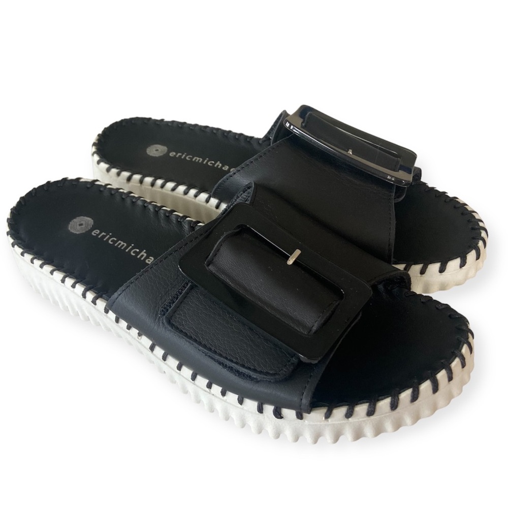 Eric Michael Darla Black Leather Buckle Slide Sandals 38 8